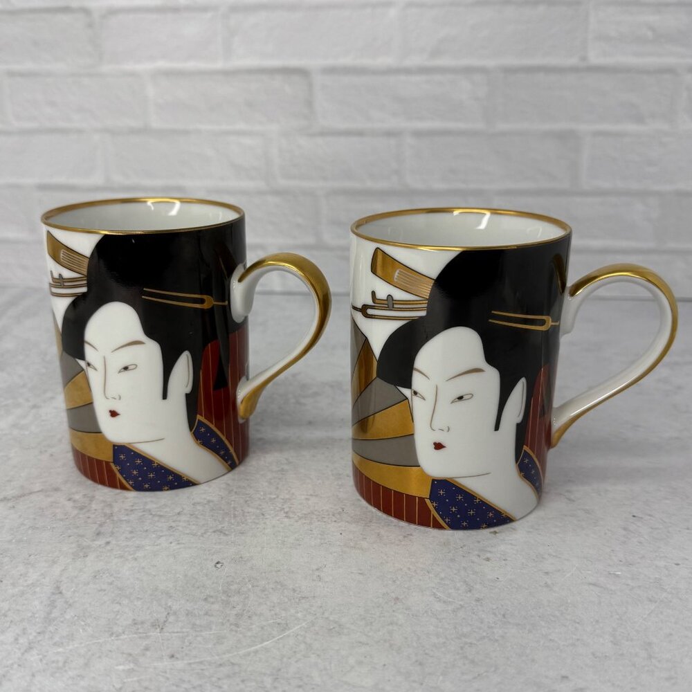 2‎ Vintage Fitz & Floyd GEISHA Mugs Cups Pair Gold Blue Red Collector Set  1980s